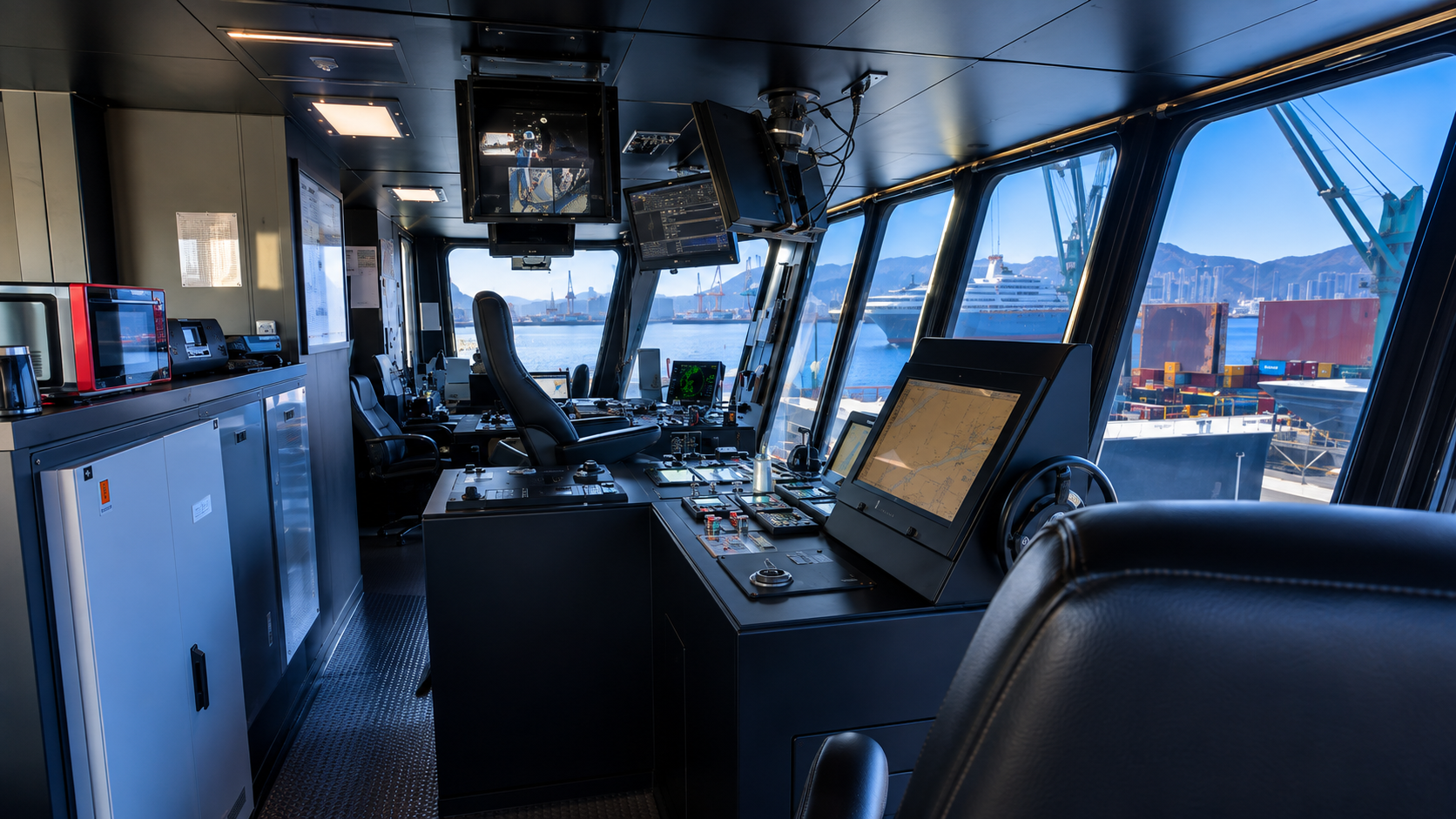 Vessel bridge with navigation and monitoring equipment