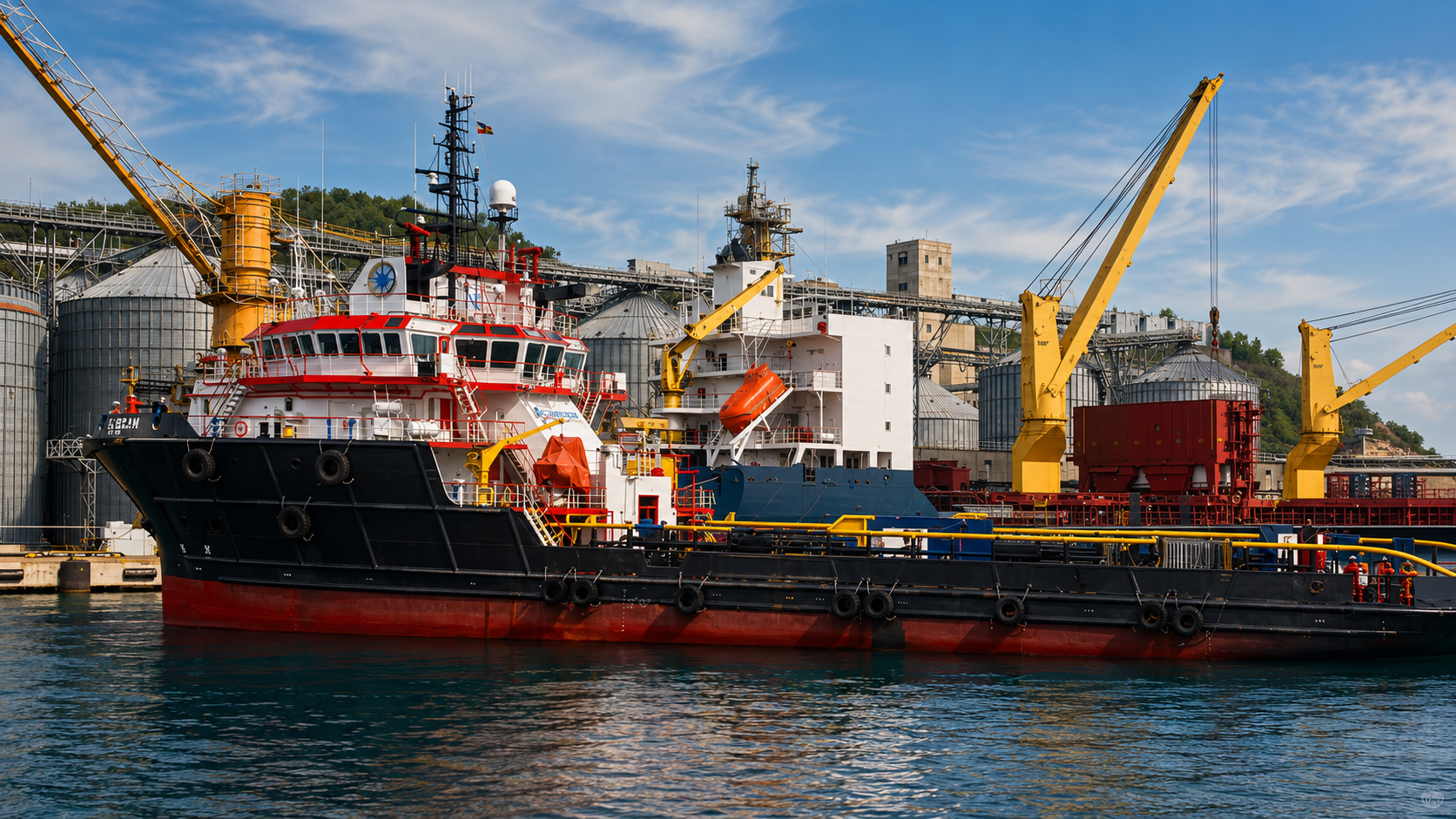 Offshore support vessel docked at an industrial port terminal with cranes