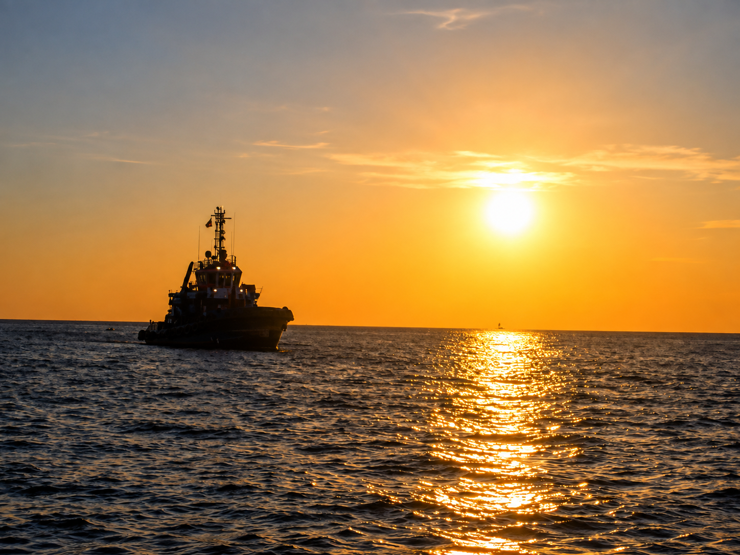 Tugboat returning to port at sunset