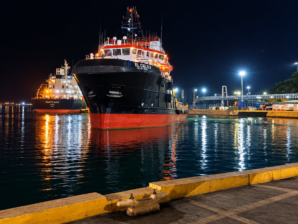 Vessel moored at port at night
